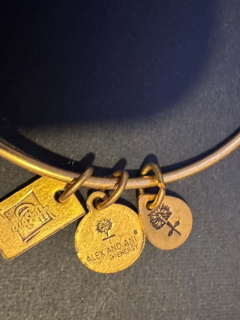 Alex and Ani Gold Tone Charm Bangle with Floral Logo Charms
